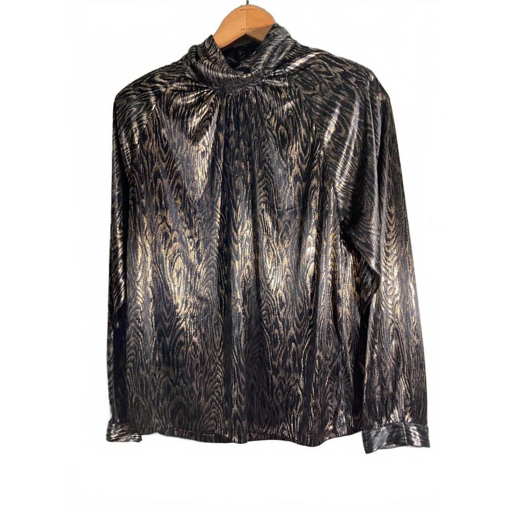 Vintage Jeri Marque Elegant Metallic Print Long Sleeve Blouse Large